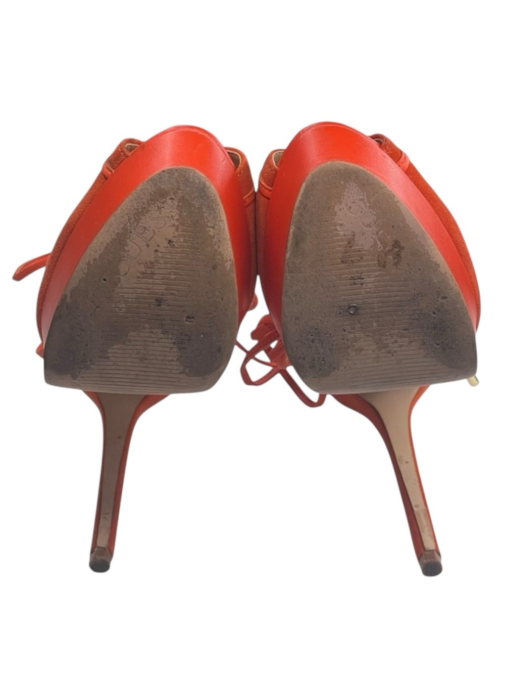 Guess ᯾ Raja Ankle Wrap Platform Stiletto Peep Toe Heels ᯾ Orange Suede ᯾ 8M - Picture 12 of 16
